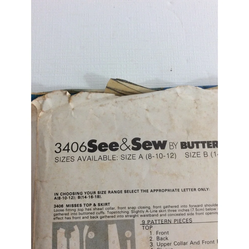 1980s Butterick See & Sew 3406 VTG Sewing Pattern Womens Top Skirt Size 8 10 12